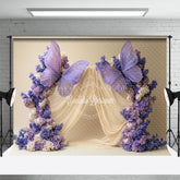 Lofaris Beige Curtain Purple Floral Butterfly Wedding Backdrop